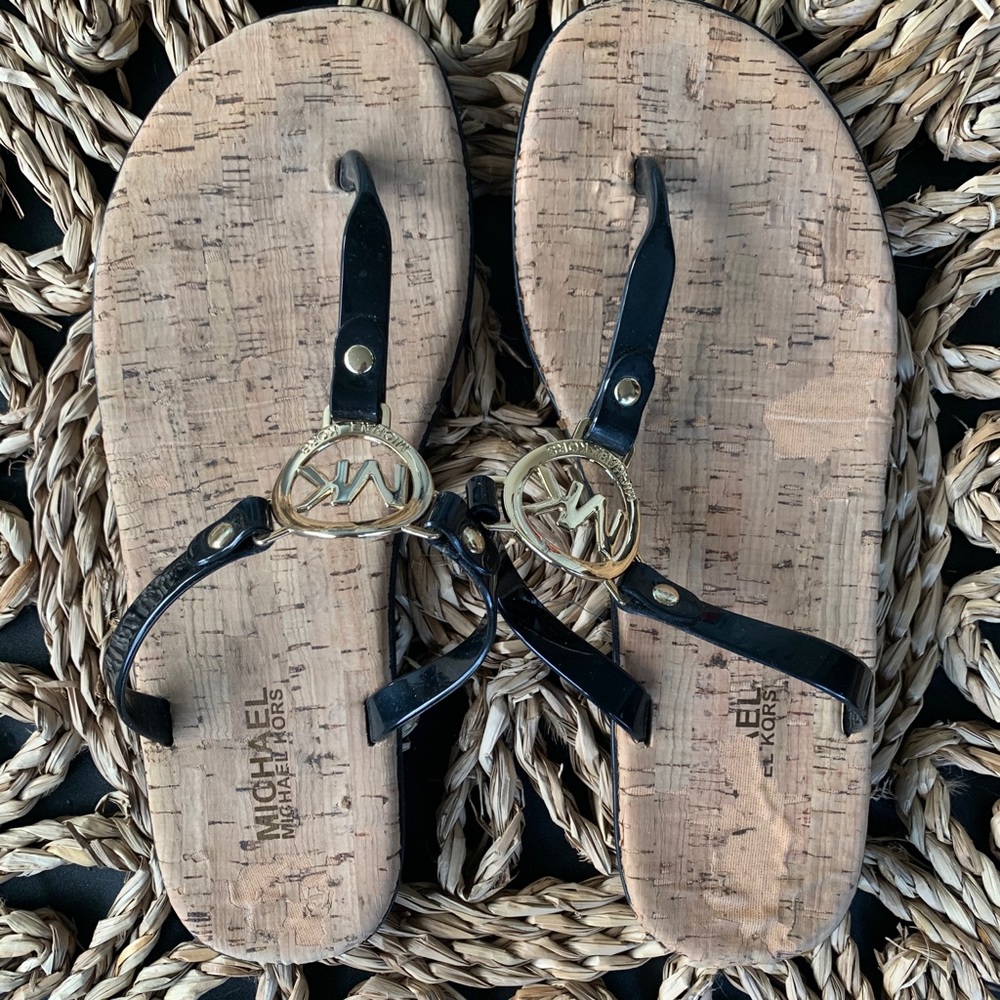 Michael Kors charm jelly cork bottom flip flops